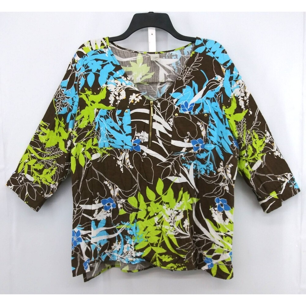 East 5th Blouse Women Size PXL Brown Multicolor Floral 3/4 Sleeve 1/4 Zip V-Neck